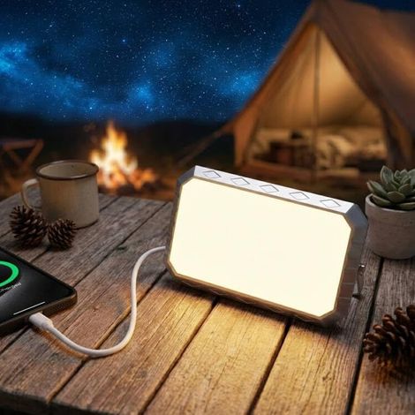 Lampe Camping, 6 Modes avec Charge Sans Fil Qi, Lampe de Travail Portable 1000LM, Batterie Externe 4000mAh Rechargeable, Base Magnétique, IP44 Étanche pour Randonnée, Urgence - Blanc (1/5)
