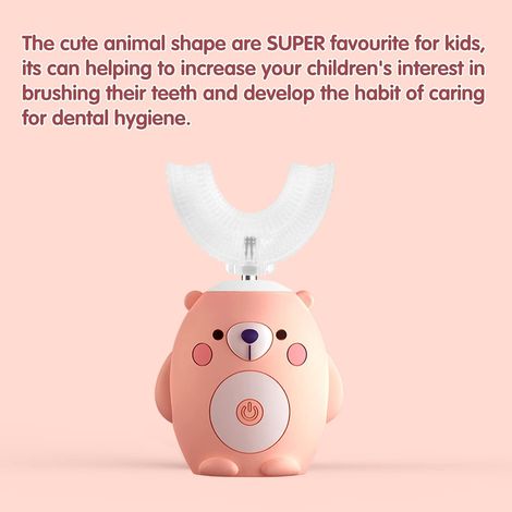 Brosse à dents électrique - Forme en U, 3 modes avec 3 têtes de brosse supplémentaires pour les enfants de 7 à 12 ans (Ours, Rose)-AquaForge