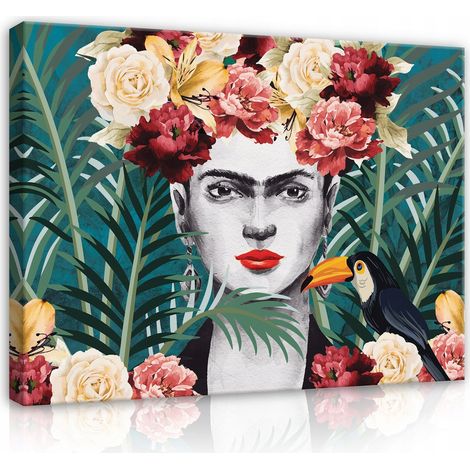 Peinture sur toile frida kahlo feuilles fleurs 60x40 (1/3)