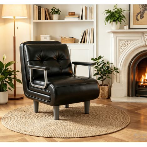Fabulcozy Canapé-lit 1 place, convertible, avec coussin amovible en similicuir, doux et confortable, idéal pour le salon et le bureau (noir)
