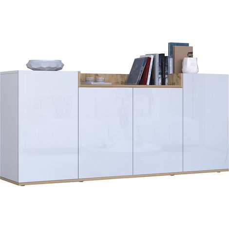 Credenza Swink, Madia 6 Ripiani, Apertura Battente Made in Italy, 4 Ante, 160x35x70h cm Bianco Lucido