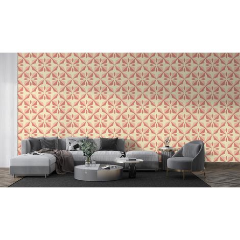 Papier peint rétro - rosaces graphiques orange pastel - 300 x 250 cm (1/2)