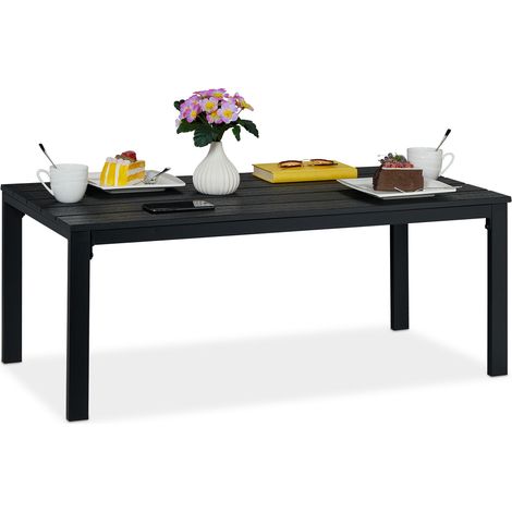 Relaxdays – Table de jardin rectangulaire noire – Plateau aspect bois – Pour 2 à 4 personnes – Dimensions H x L x P : 39 x 98 x 48 cm – Structure en acier robuste