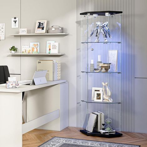 Eckvitrine Glasvitrine mit LED Beleuchtung, 4 Etagen, Schwarz