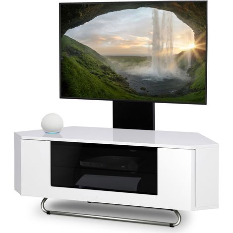 Homeology Hampshire Corner-Friendly Gloss White with Contrast Beam-Thru Remote Friendly Door 26"-50" Flat Screen TV Cabinet with Mounting Arm (1/5)