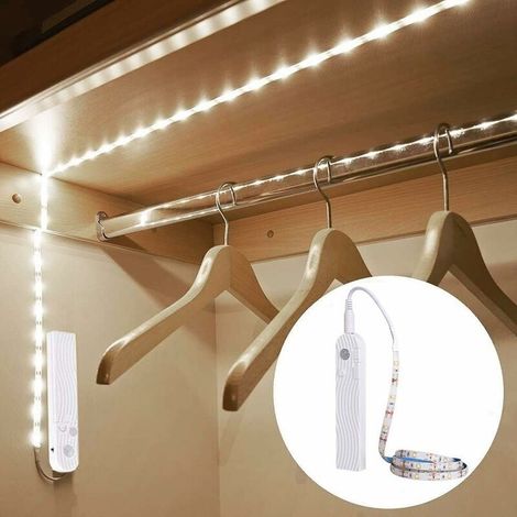 Lampes sous armoire, 3 m/10 pieds LED pour garde-robe, capteur de mouvement, rechargeable par USB, marche/arrêt automatique, intensité variable, veilleuse de placard blanc froid 6000 K pour placard (1/5)
