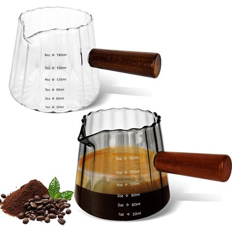 2 pièces 180ml Verre Doseur avec Manche en Bois, Transparents Tasse Avec Ouverture en Forme de V, Verre Mesureur Cuisine à Cocktail, Verres à Expresso, pour Machine à café, Alcool,Café au Lait (1/5)
