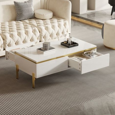 Modernluxe - Table basse laquée brillante 100x50x36 cm - 2 tiroirs - Pieds en métal - Panneaux de particules - Blanc (1/5)