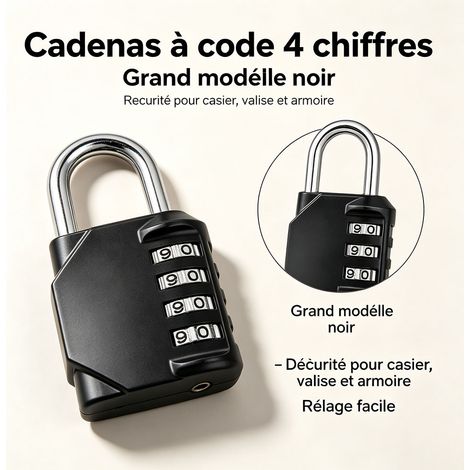 Kit 2 cadenas à combinaison 4 chiffres noirs, grand cadenas à code, antivol pratique pour casier, armoire, valise, cadenas de voyage - Noir (1/5)