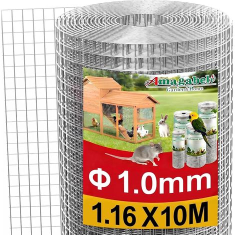 Galvanised Square Thick Wire Mesh 1 mm Mesh 1.16 m x 10 m, Mesh (12 x 12 mm) Welded Wire Mesh for Chicken Coop, Garden Fence and Aviary