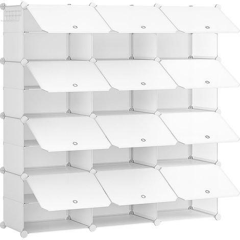 Étagère à Chaussures avec 12 Compartiments, Boîte à Chaussures, Étagère Modulable en Plastique, Compartiment de 40 x 30 x 30 cm, avec Porte, Blanc (1/5)