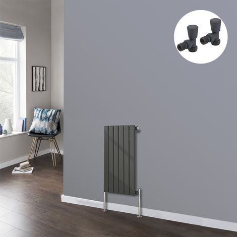 Flat Panel Designer Radiator Bathroom Central Heating Radiators Anthracite with Angled Manual Pair of Valves 600 x 408mm Horizontal Single