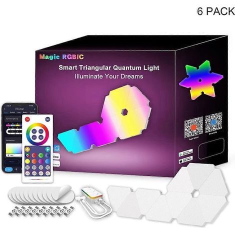 Lot de 6 lampes murales hexagonales LED Wi-Fi pour jeux vidéo, avec contrôle par application Bluetooth et éclairage d'ambiance. (1/4)