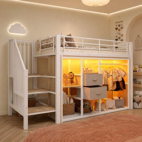 Letto a soppalco per bambini 90x200 cm in metallo e MDF bianco, salvaspazio FloraGrace
