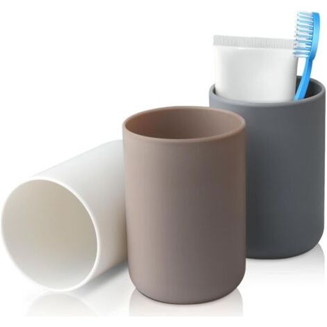 Gobelet Salle de Bain, Porte brosse à dents, Lot de 3, Plastique de qualité alimentaire, absolument incassable (blanc, gris, marron)