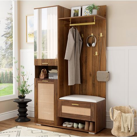 Armadio Specchio 110x38x190 cm, LED 16 Colori Regolabile, Anti Ribaltamento, Ante Rattan e Panca Cuscino, MDF, Bianco (1/5)