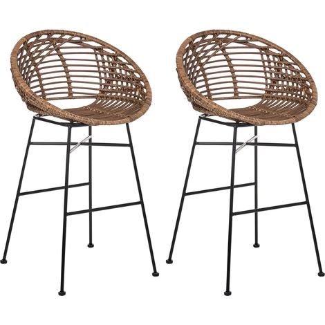 Lot de 2 Chaises de Bar Industriel Bohème en Rotin Pieds en Fer Meuble de Cuisine Salle à Manger Marron Windom