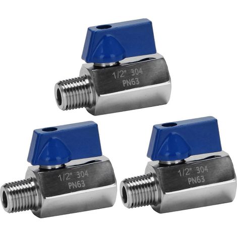 Trois vannes à bille, mini vannes à bille en acier inoxydable 304 de 1/2 pouce, filetages internes et externes NPT, idéales pour une utilisation comme vannes de régulation de débit dans les pommes de (1/2)