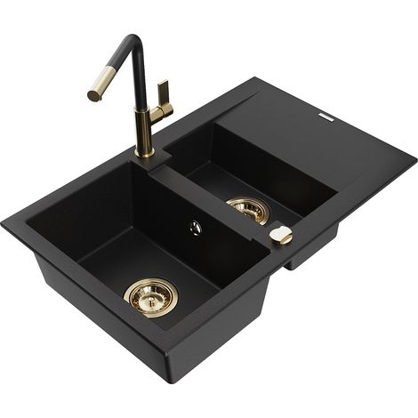 Mexen Gaspar lavello in granito 1,5 vasche con scolapiatti e rubinetto da cucina Flora, nero - 6507-77-670401-57-G (1/5)