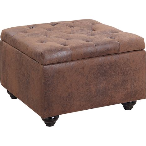 Vente-Unique – Pouf vintage en microfibre vieillie marron – Coffre de rangement intégré – Assise capitonnée – Dimensions 61x61x44cm – Charge 120kg (1/3)