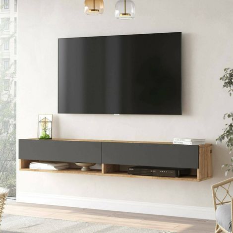 Dmora - Mueble de televisión Dkechrid, Aparador de salón, Mueble bajo para TV, Base de pared equipada, 180x32h29 cm, Roble y Antracita (1/5)