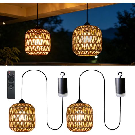 Lot de 2 Lampes Suspendues Extérieur avec Télécommande, Suspension Luminaire Rotin Style Boho, Câble 1m, Éclairage pour Jardin, Terrasse, Balcon, Intérieur et Extérieur (1/5)