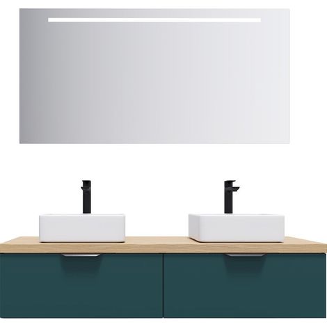 Meuble de salle de bain suspendu 2 vasques à poser 140cm 2 tiroirs Bleu + miroir - Soho (1/5)