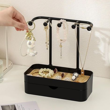 Présentoir à bijoux avec tiroirs, support à bijoux avec base de rangement en bois, organisateur de bijoux compact avec 5 crochets, pour colliers, bracelets, bagues et boucles d'oreilles, noir (1/5)