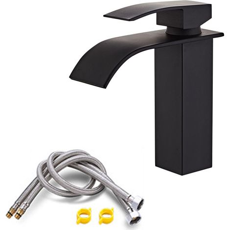 Grifo mezclador de lavabo en cascada negro con caño de 185 mm de altura. Grifo de baño negro.