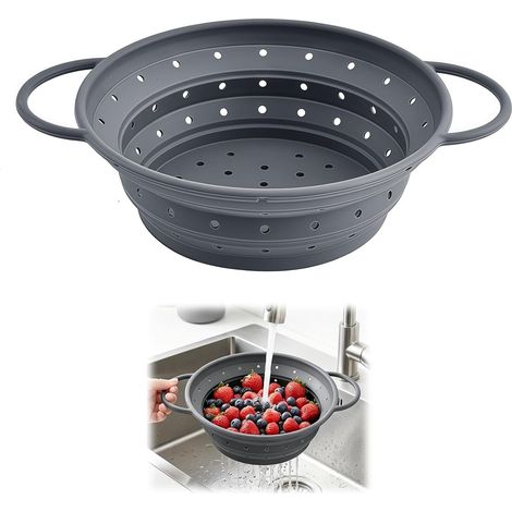 1 Pièces Passoire en Silicone 28 cm Pliable, Gris Silicone Passoire pour Pâtes, Facile à Nettoyer et Très Compacte Légumes, pour Cuisine à Camping, Facile à Ranger, pour Égoutter et Cuisson (1/5)