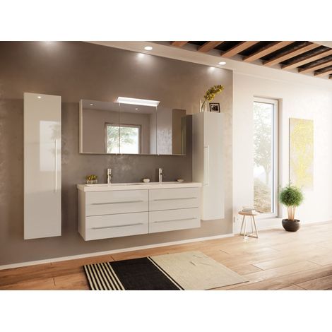Badmöbelset Persepolis XL 4-teilig Spiegelschrank 2x Hochschrank weiss hochglanz (1/5)