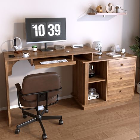 Scrivania multifunzione allungabile 110x40x75,5 cm con vassoio per tastiera, 2 nicchie a giorno e 3 cassetti, in MDF effetto noce. (1/5)