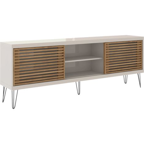 Meuble TV de 2 portes coulissantes coloris Beige / Chêne Buriti - longueur 180 x profondeur 33 x hauteur 65 cm -PEGANE-