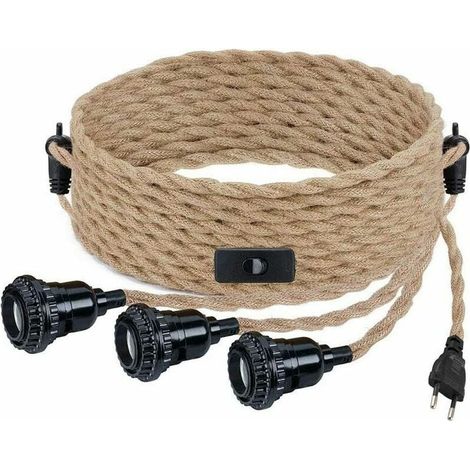 DIY-Pendelleuchte mit Hanfseil, Textilkabel, 3×E27-Fassung, Schalter und Stecker, Retro-Lampe mit 9 Metern Kabel, geeignet für Esstisch, Café, Wohnzimmer und Schlafzimmer [Klasse (1/5)
