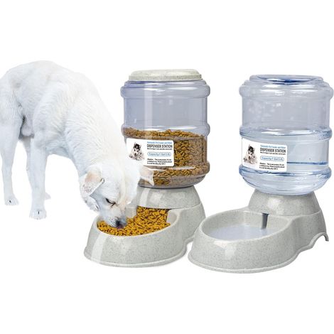Distributeur Croquettes de Nourriture et d'eau,Eau Fontaine Automatique, Abreuvoir et alimentateur Automatique pour Chat/Chien/Animaux Domestiques 3.5L x 2Pièces et Tapis d'alimentation (1/5)