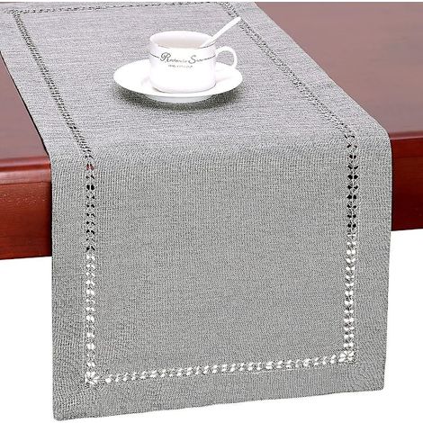 Nappe en lin style campagnard, ourlet fait main, chemin de table gris pour table basse, table à manger, couvre-commode, nappe d'entrée, fête (1/4)