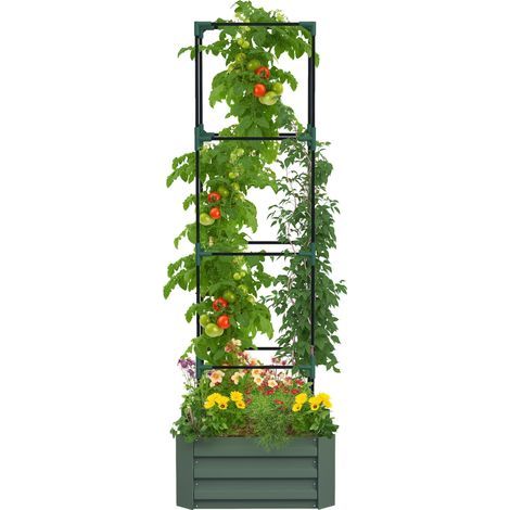 Jardinière avec treillis ajustable. bac à fleurs avec cage à tomates acier galvanisé 61 x 61 x 187 cm vert (1/5)