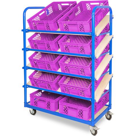 BRB Schrägboden-Regalwagen mit 5 Ebenen, bestückt mit 10 Euroboxen BxTxH 600x400x150 mm, durchbrochen, BxTxH 1050x500x1450 mm (pink)
