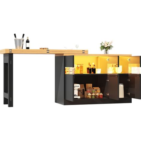Tavolo Estensibile con Contenitore, Ante in Vetro e LED, Girevole, per Cucina e Sala da Pranzo, in MDF, Nero (1/5)