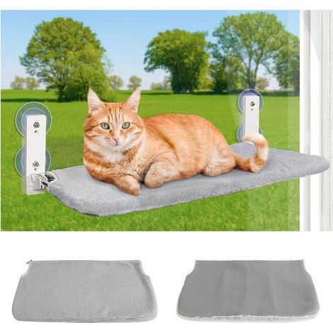 Wireless, foldable cat window sill, cat hammock for windows and walls, including 4 suction cups, stable frame, suitable for glass windows and interior walls (large, grey) (1/5)
