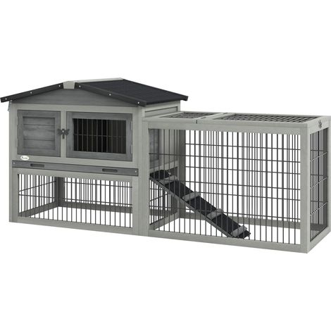 Clapier de sol cage à lapin cottage niche supérieure avec rampe enclos extérieur 150 x 52 x 68 cm gris