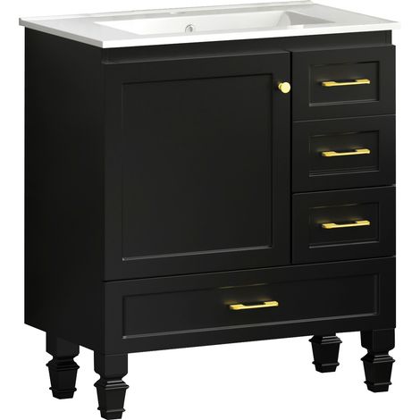 Meuble de salle de bain 75 cm noir avec porte à fermeture douce et 3 tiroirs (1/5)