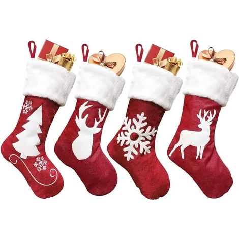 Chaussettes de Noël - Lot de 4 - Rouges - Décoration de fête - Intérieur - Chaussettes de Noël brodées de rennes rouges et blancs (1/4)