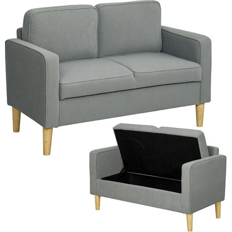 Canapé deux places avec rangement, pieds en bois solides, dimensions 117 x 63 x 79 cm, coloris gris clair, idéal pour salon ou chambre (1/5)