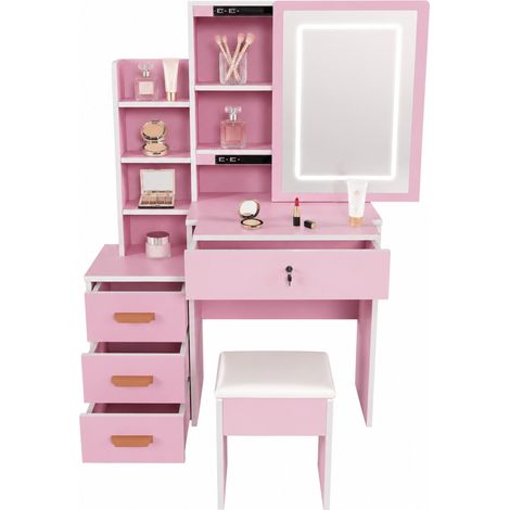 CHICFURN Tocador con espejo e iluminación 85x36x130 cm MDF rosa, con taburete, 4 cajones (1/5)