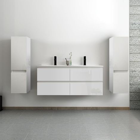 Acezanble ensemble meuble salle de bain 120 cm blanc brillant avec 4 tiroirs à fermeture automatique, double lavabo céramique + 2 colonnes, suspendu (1/5)