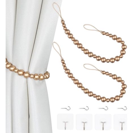2er-Pack Vorhang-Raffhalter aus Holz im Bohemian-Stil mit Perlen für Wand, Fenstervorhänge mit Haken (Gold, 2)
