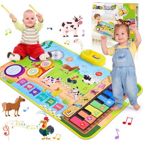 Tapis musical – Tapis d'éveil 3-en-1 avec piano, batterie et animaux de la ferme – Pour l'éveil musical et l'apprentissage précoce Convient aux bébés de 1 à 3 ans (garçons et filles)