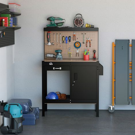 Banco de Trabajo con Panel Perforado Cajón Estante y Armario con Cerradura para Taller o Hogar 98,5x48x140 cm Negro (1/5)