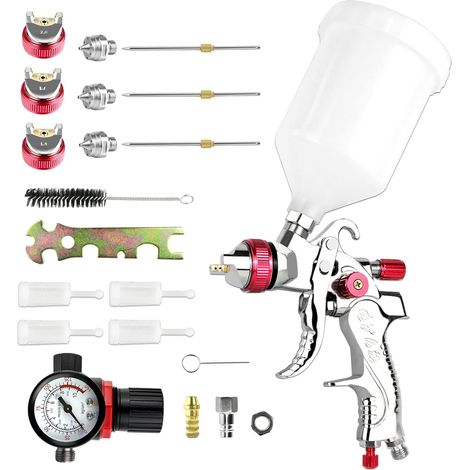 Pistolet à Peinture pulvérisateur avec 1.4MM 1.7MM 2.0MM buse 600CC Tasse véhicule Voiture clôture Outils de Peinture avec régulateur de Pression d'air (Rouge) (1/5)